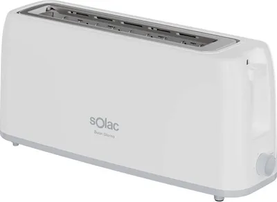 A white toaster is shown from a three-quarter angle against a white background.