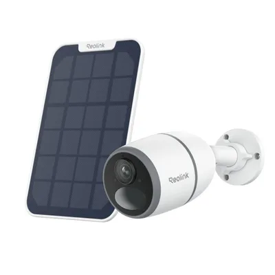 A white security camera and a solar panel are shown against a white background.