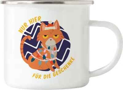 Produktbild von Nur Für Die Geschenke Hier Emaille Tasse Lustiges Katzen Motiv Katzenliebhaber Weihnachten Weihnachtsfest