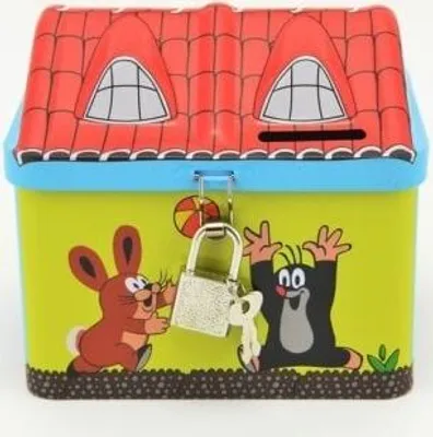 A close-up, front-facing view of a tin money box designed to look like a house, featuring cartoon characters of a mole and a rabbit. The money box is locked with a small padlock and key.