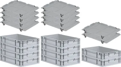 Produktbild von SparSet 10x Eurobox NextGen Grip mit Auflagedeckel inkl. 4 schwarzen Schiebeschnappverschlüssen | HxBxT 12x40x60cm | 23 Liter | Grau | Griffe geschlossen | Glatter Boden | Eurobehälter, Transportbox, Transportbehälter, Stapelbehälter