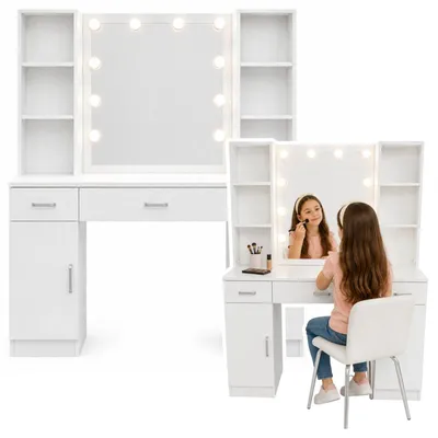 Imagen del producto de Mesa de maquillaje con espejo LED, cajones y color blanco, dimensiones: 141 x 114 x [falta la tercera dimensión]