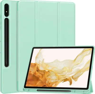 Produktbild von Mobigear Dreifach-Faltetui aus Gel für Samsung Galaxy Tab S9 Plus, TPU-Hülle, Klappetui aus Kunstleder + Stifthalter - Türkis