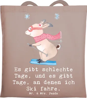 Produktbild von Mr. & Mrs. Panda Tragetasche Hase Skifahren - Braun Pastell - Geschenk, Skirennen, Stoffbeutel, Beutel, Skiwettbewerb, Skisport, Tote Bag, Ski fahren, dokumententasche