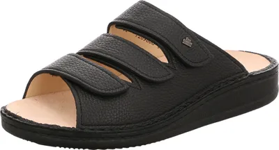 A black leather sandal with three adjustable straps.