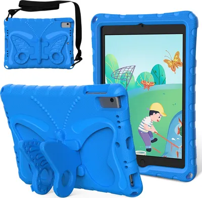 Produktbild von Kinder Hülle für iPad 9,7 2018/2017, iPad Pro 9,7 2016, iPad Air 2 2014/iPad Air 2013 9,7" Leicht Stoßfeste EVA Kindgerechtes Schutzhülle mit Schultergurt, Schmetterlings-Ständer Blau