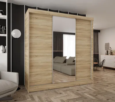 Produktbild von Schwebetürenschrank 3-türig 250x205x58 cm Eiche Sonoma mit 1 Spiegel – Moderner Kleiderschrank