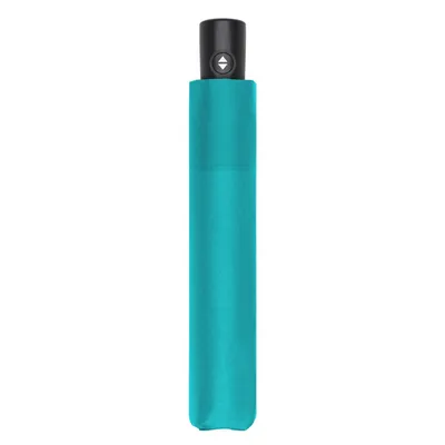 A closed teal umbrella with a black handle and a silver button with arrows.
