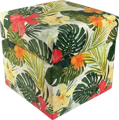 Obrázek produktu pro Čtvercový velurový taburet TROPIC 40x40 cm s úložným prostorem - rozkládací čalouněný taburet s barevným květinovým vzorem - zelený