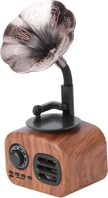 Produktbild von Vintage Plattenspieler mit Lautsprecher in Form einer Schallplatte für Hausdekoration mit großem Akkulaufstand.