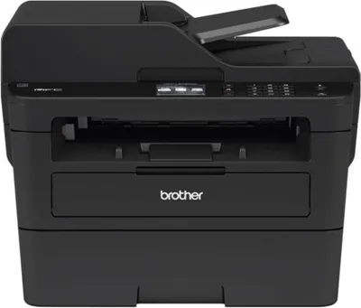 A black Brother multifunction printer is shown from the front.