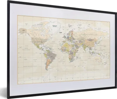 Produktbild von MuchoWow® MuchoWow® Gerahmtes Poster Welt - Karte - Retro 60x40 cm - Poster mit zchwarzem Bilderrahmen - Schlafzimmer - Plakat in Rahmen - Drucken
