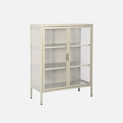 A beige metal cabinet with glass doors and shelves, shown against a white background.