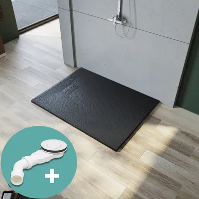 Produktbild von SONNI SMC Duschwannen für Badezimmer 90x120cm Super Flach Rechteck Duschtasse Schwarz Steinoptik inkl. Ablaufgarnitur