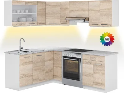 Image de Cuisine d'angle Vicco Rick Blanc/Sonoma 207x60cm , PT Marbre avec bande LED, Model 51946