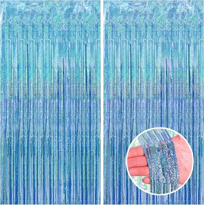 Image de Rideau Lametta 2 x 1 m, bleu clair scintillant, holographique, décoration de fête, fond photo