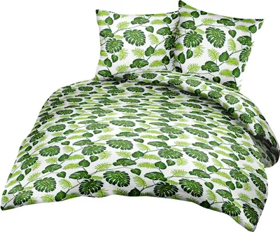 Produktbild von 2-teilige Renforce Bettwäsche 135x200cm und 80x80cm - Blätter von tropischen Pflanzen - Grün, Weiß - 100% Baumwolle, Bettgarnitur (031/1-Renforce)