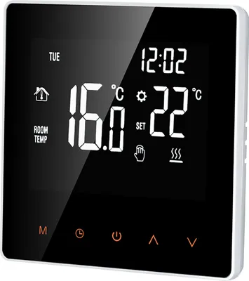 A digital thermostat display showing room temperature and settings.