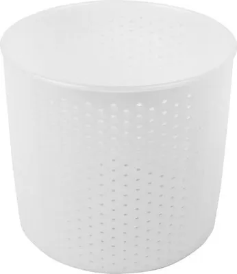 A white, perforated cylindrical container, likely a cheese mold, is shown against a white background.