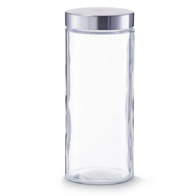 A clear glass storage jar with a silver lid, isolated on a white background.