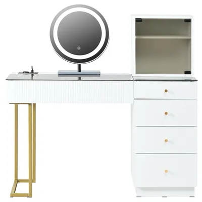 Produktbild von Flieks Schminktisch mit Glasplatte und Spiegel, Spiegel mit Led, Frisiertisch mit Schubladen und Schrank, Schminkkommode 120x40x120cm, Weiß