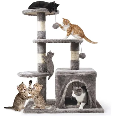Immagine prodotto di Tiragraffi per gatti, albero, palo, grigio, 4 livelli, 80 cm, casetta, giocattoli