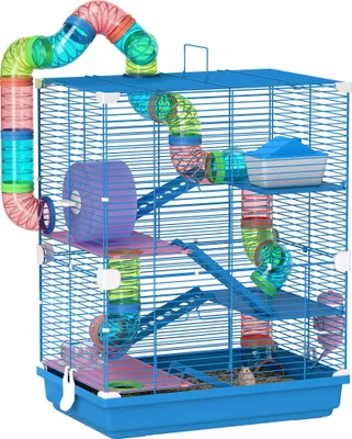 Immagine prodotto di PawHut Gabbia per criceti per roditori 5 livelli con tunnel mangiatoia casetta a rotelle scalette dim. 46L x 30L x 58H cm blu