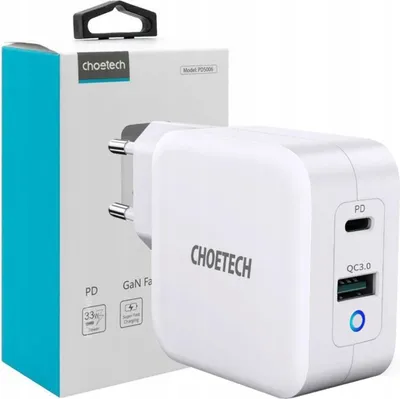 Immagine prodotto di Choetech Gan Usb Tipo C Pd Usb-A Qc3.0 Caricatore Veloce 65W 3.25A Bianco (Pd8002)