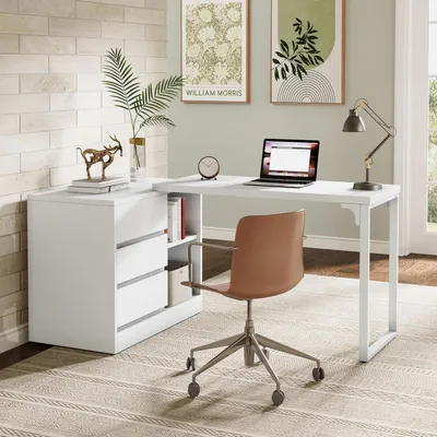 Image de Bureau d'ordinateur en forme de L avec tiroirs et étagères, bureau d'angle réversible avec meuble de rangement, blanc