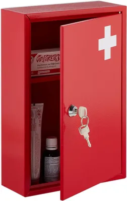 Produktbild von Medizinkasten – Erste-Hilfe-Kasten – Abschließbar – 2 Fächer – 32 x 21,5 x 9,5 cm – Für Verbandsmaterial und Medikamente – Rot – Weiß