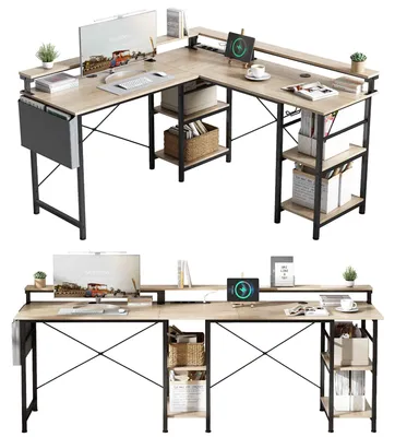 Produktbild von ZELURXX Gaming-Tisch L-förmiger mit RGB LED Beleuchtung, mit Tasche, Dual-Monitor-Ständer, Headset-Halterung & Steckdosen, Beige
