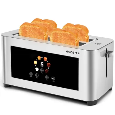 Produktbild von Aigostar Toaster 2/4 Scheiben, 6 Bräunungsstufen, LED-Touchscreen, Toaster Langschlitz , 2 lange Schlitze, 1400 W Brotzentrierung, Edelstahl, KI-generiertes Bild