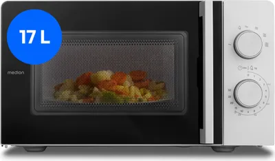 A white microwave oven with a black door, containing food, is shown against a white background. A blue circle with '17 L' is overlaid on the top left of the door.