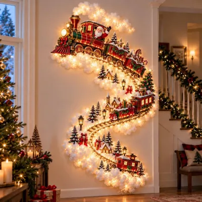 Produktbild von LED Weihnachtsdeko für die Wand, beleuchteter Weihnachtszug mit Lichterkette, 3D Weihnachtsbeleuchtung, ca. 60 cm, DIY für innen