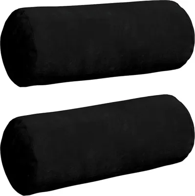 Two black bolster pillows are shown side-by-side against a white background.