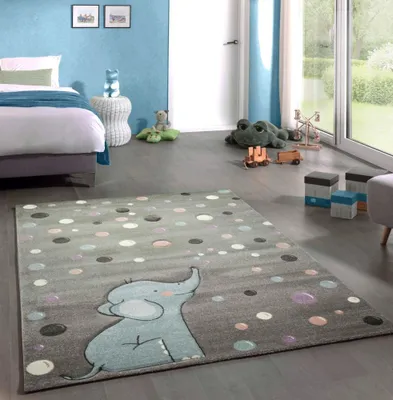 Produktbild von Teppich Kinderzimmer Elefant Punkte grau blau Größe - 80x150 cm