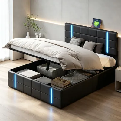 Obrázok produktu pre Postel s pružinovou základňou, čalúnená posteľ 140x200 cm s LED osvetlením a USB portami, hydraulická posteľ s úložným priestorom a zásuvkou, dvojlôžko s roštom, potiahnutáPolyuretánkožou, čierna