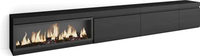 A long, black TV cabinet with a built-in electric fireplace on the left side.