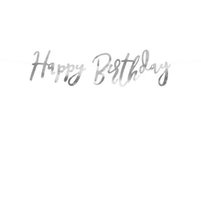 Obrázok produktu pre Baner Happy Birthday strieborný, 16,5 x 62 cm Party Deco