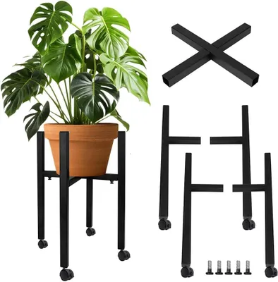 Image de Support à fleurs sur roulettes, avec 4 roulettes, en métal, pour pots de 24 à 38 cm de diamètre, de couleur noire, idéal pour un salon