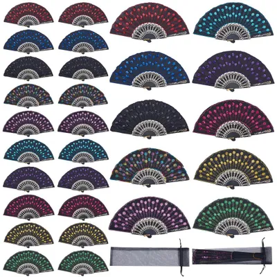 Produktbild von Faltbare Pfau-Handfächer Set aus 30 mit Pailletten und Organza-Taschen