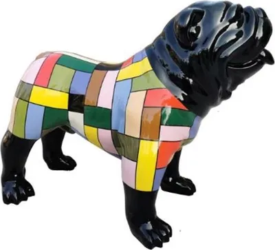Produktbild von Casa Padrino Designer Dekofigur Hund Bulldogge Schwarz / Mehrfarbig 90 x H. 74 cm - Wetterbeständige Deko Skulptur - Wohnzimmer Deko - Garten Deko - Designer Deko Tierfigur
