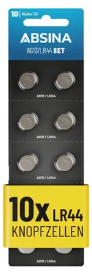 Immagine prodotto di ABSINA 10x AG13 LR44 a bottone 1,5V - Pile alcaline a bottone a prova di perdite e a lunga durata - LR1154 L1154 G13 157