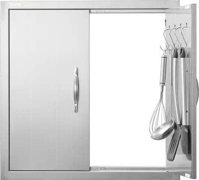 A stainless steel grill access door with a handle and hooks for utensils.