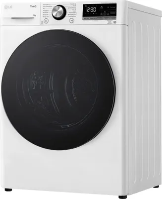 A white LG dryer with a black door and control panel.