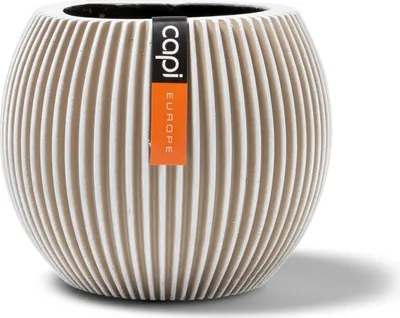 A close-up studio shot of a spherical planter with vertical ribbed texture.
