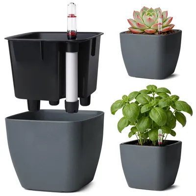 Produktbild von Selbstbewässerungstopf 3er Set 12,5cm Eckig Grau mit Wasserstandsanzeige PP