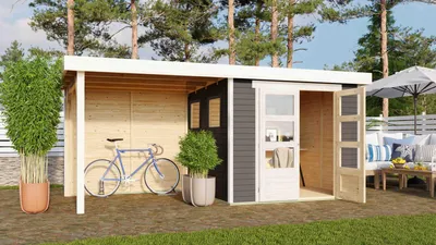 Produktbild von Karibu Gartenhaus Gerätehaus Geräteschuppen ASKIRA terragrau lackiert mit Anbaudach 19mm Wandstärke 466x217x211 cm