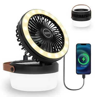 Produktbild von 3-in-1 Camping-Lüfter – Tragbarer Solarbetriebener Lüfter mit LED-Licht,3 Geschwindigkeitsstufen, USB-Anschluss, ideal für Camping, Van-Reisen