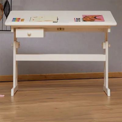 Produktbild von Kinderschreibtisch FLEXI mit Kippfunktion und Höhenverstellung, praktischer Schreibtisch aus massiver Kiefer in weiß